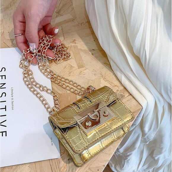 Women's Metallic Clutch Bag PU Leather Mini Evening Shoulder Purse - Picture 3 of 7